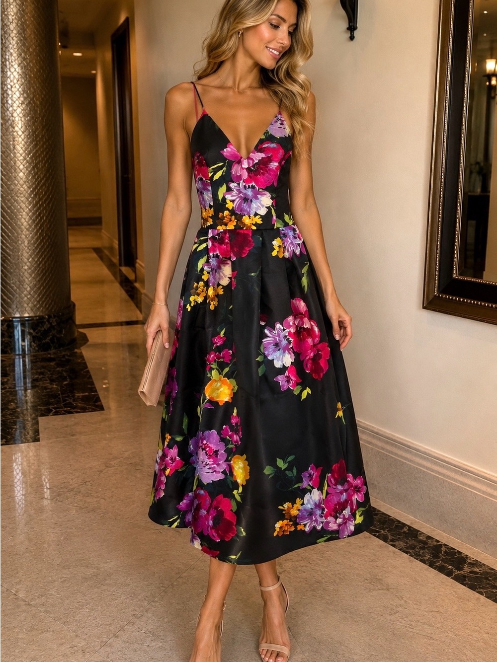 BCX Black Floral V-Neck Midi Dress with Spaghetti Straps